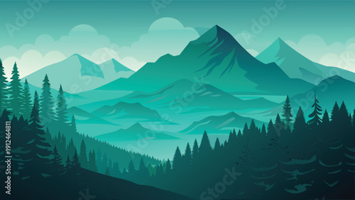 A stylized illustration depicts a majestic mountain range shrouded in mist with dark green pine forests in the foreground high-quality