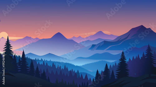 A serene landscape depicts layered mountain ranges fading into a vibrant colorful sunset with silhouetted trees high-quality professional detailed modern