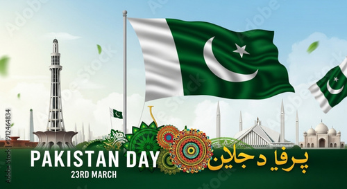 Pakistan day celebration with national flag and iconic landmarks in background
