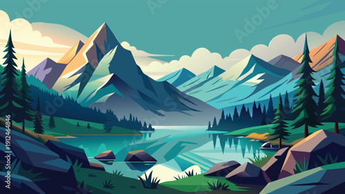 A serene landscape depicts majestic mountains reflected in a calm lake surrounded by lush green forests and clouds high-quality professional