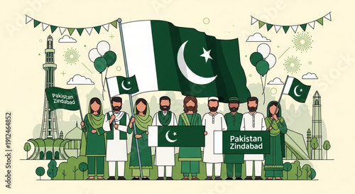 Diverse group of people celebrating pakistan independence day with flags and banners