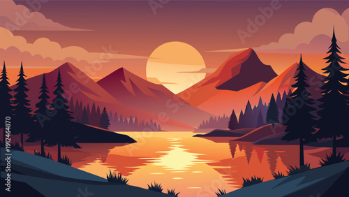 A vibrant landscape depicts majestic mountains reflecting in a still lake under a warm glowing sunset sky high-quality professional detailed