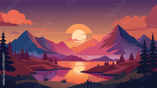 A vibrant digital painting depicts a tranquil landscape with a glowing sun setting behind silhouetted mountains and trees high-quality professional