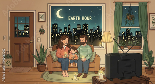 Family sitting on couch during earth hour with city skyline at night