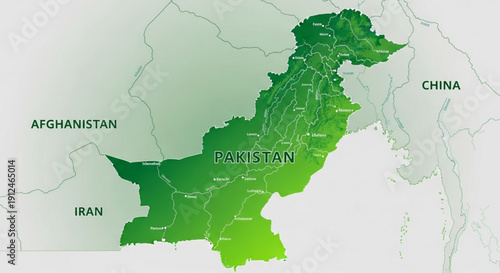 Pakistan map gradient green country borders neighboring countries