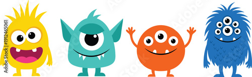Cute cartoon monster characters collection colorful funny vector illustration set isolated background