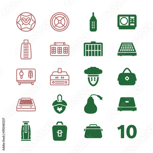 Green and brown of kitchen appliances and gadgets on white