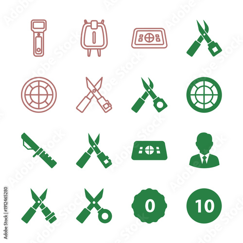 Green and brown of tools and on white background scissors pruning shears ticket badge