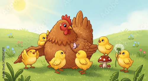 Mother hen and chicks in green field with flowers on sunny day