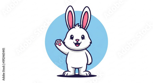 White cartoon bunny waving with pink inner ears and blue circle background