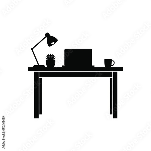 black desk with laptop lamp and coffee cup.