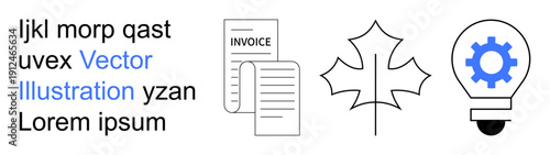 Business planning, creativity, innovation, organization, invoices, finance. Minimal design with invoice papers, maple leaf and light bulb with a gear. Business planning and creativity concept