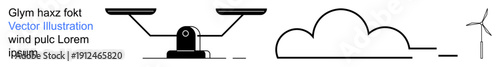 Renewable energy, environmental balance, eco-friendly technology, climate action, sustainability, green energy. Minimal design of a scale, cloud and wind turbine. Renewable energy and environmental