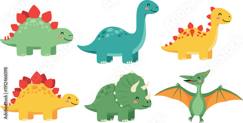 Cute Cartoon Dinosaur Characters Set in Flat Vector Style Featuring Colorful Friendly Dinosaurs for Kids, Education, and Fun Designs