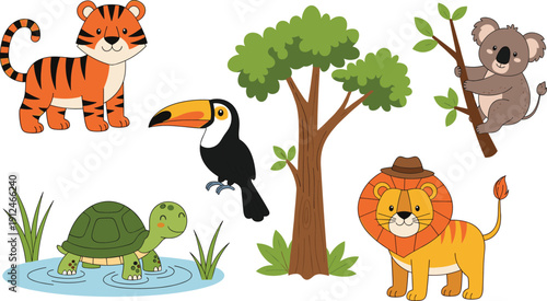Cute cartoon jungle animal set with tiger, lion, koala, toucan, and turtle by a tree isolated on a white background