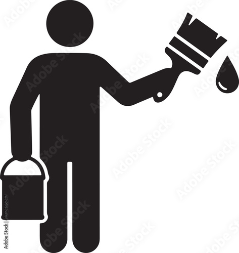House Painter Icon Silhouette Holding a Paintbrush and Paint Bucket