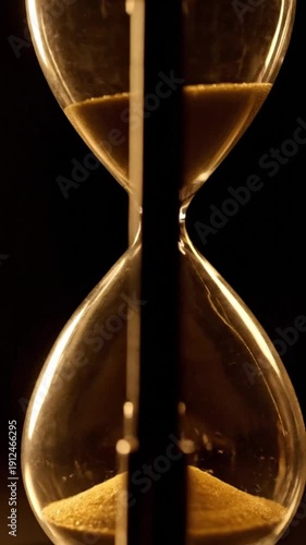 Close up of an antique hourglass with fine golden sand slowly trickling through the narrow passage demonstrating the unstoppable passage of time in darkness