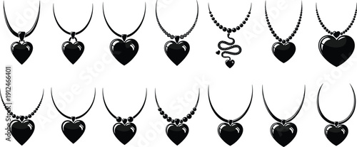 Heart necklace jewelry set with black pendants, romantic gift collection, minimalist line art, cad drawing flat vector illustration, jewelry design
