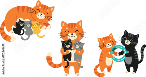 Cute cat family collection cartoon pets hugging kittens vector illustration set isolated background
