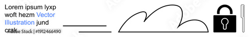 Data privacy, cybersecurity, digital storage, secure connection, online encryption, cloud backup. Black lock and cloud graphic. Data privacy and cybersecurity concept