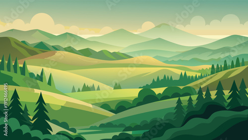 A serene landscape depicts rolling green hills leading toward distant hazy blue mountains under a cloudy sky high-quality professional detailed