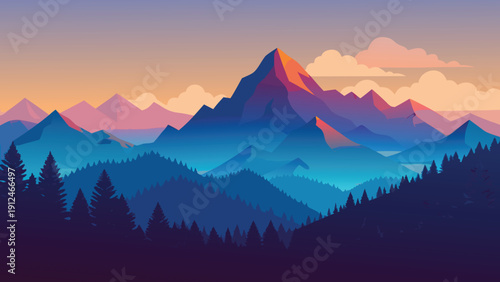 A vibrant digital illustration depicts a majestic mountain range silhouetted against a colorful gradient sky high-quality professional detailed modern elegant