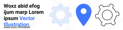 Navigation aids, technology tools, system settings, data tracking, engineering concepts, interface design. Two gear icons and a map pin symbol in blue and black. Navigation aids and technology tools