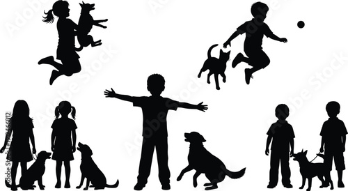 Kids playing with pets silhouette set, children with dogs and cats, childhood friendship, cad drawing flat vector illustration, family life