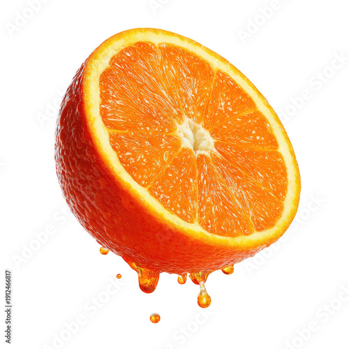A vibrant, juicy orange half, freshly cut, with glistening drops of fresh citrus fluid dripping
