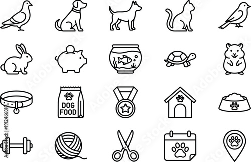 Pet and animal line icons set, dog cat bird rabbit supplies, veterinary and care symbols