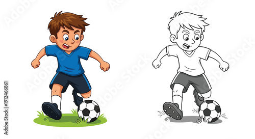 Boy dribbles soccer ball with coloring page outline.
