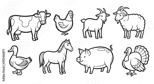 Collection of farm animal illustrations in black and white