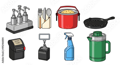 Set of restaurant and kitchen equipment icons.