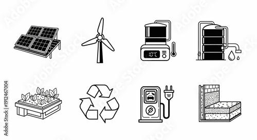 Collection of icons representing green energy and sustainability.