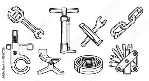 Illustration of various bicycle repair tools on white background.