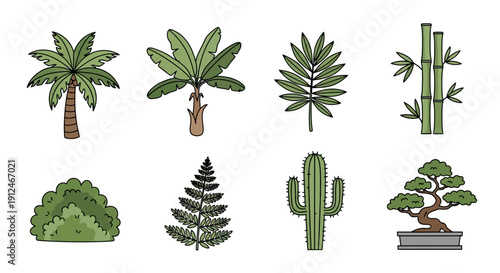 Collection of various potted plants and trees in cartoon style.