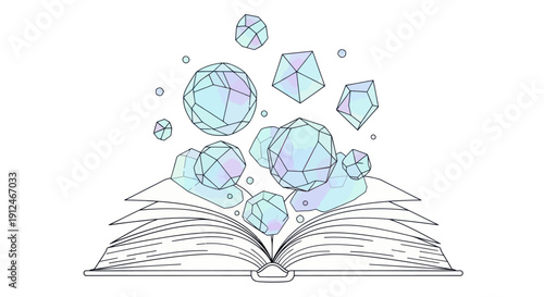 Open book with geometric crystals floating out