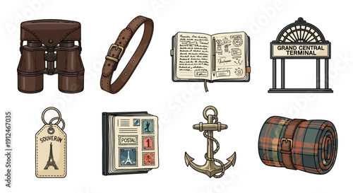Collection of vintage travel accessories for a journey.