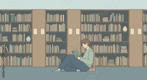 A girl enjoys reading a book in a library with bookshelves.