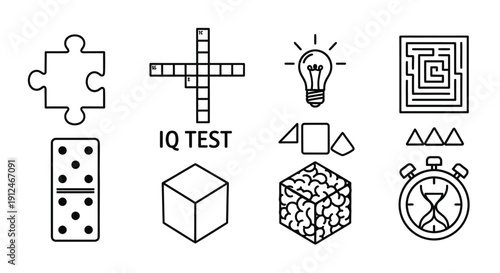 Set of IQ test and brain training line icons.