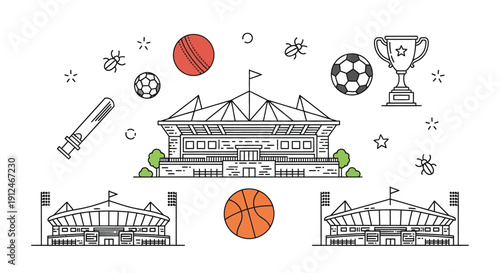 Stadium icons with sports balls and trophies are drawn.