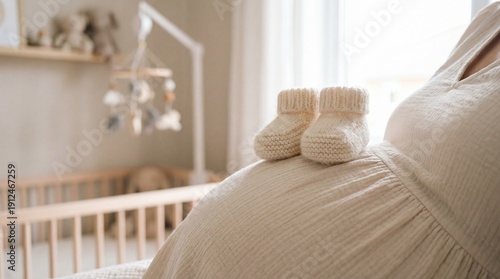 Close up of an expectant mother’s pregnant abdomen with cream knitted baby booties resting on her bump.