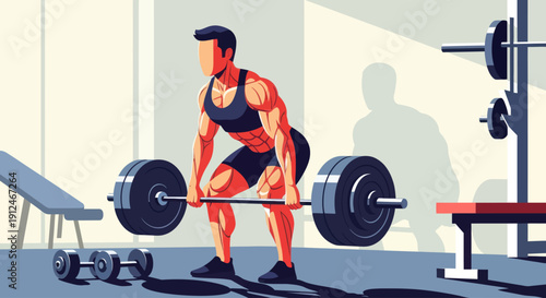Muscular man doing deadlifts in a gym