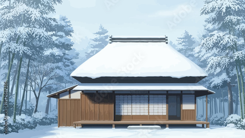 A traditional Japanese house stands serenely in a snow-covered forest, surrounded by tall trees and a peaceful winter landscape.