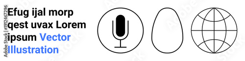 Digital communication, globalization, media, technology, information sharing, broadcasting. Black microphone, egg shape globe wireframe. Communication and globalization graphic