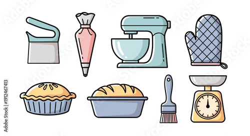Collection of baking equipment and kitchen tools.