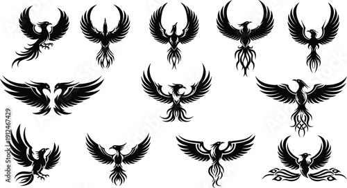 Phoenix silhouettes, mythical bird designs, wings spread, flame-inspired illustration, stylized vector art, rebirth and transformation symbol