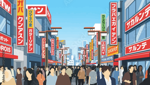 A bustling city street filled with people walking in front of colorful buildings and advertisements