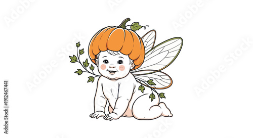 Cute baby wearing a pumpkin hat with fairy wings
