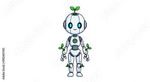 Cute green robot with plants growing from it